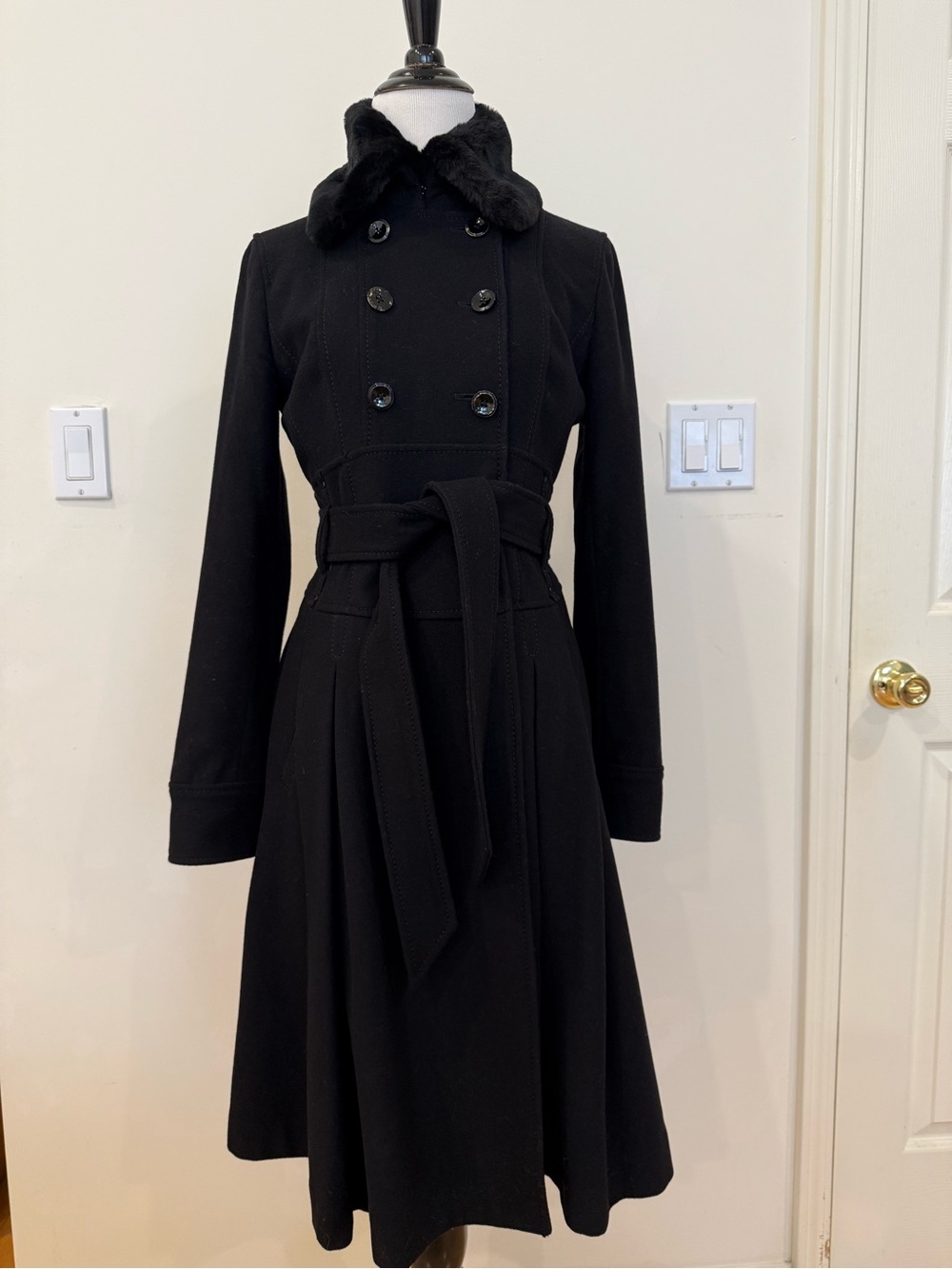 Black Double-Breasted Wool Fit & Flare Dress Coat